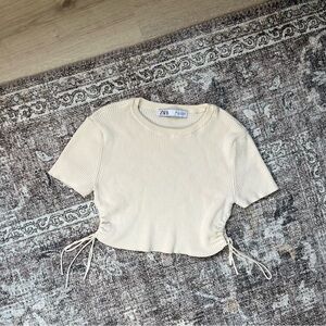 Zara Cream Ribbed Crop Top Small Ruched Side Ties Minimalist Clean Girl